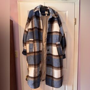 H&M Plaid Long Coat in Blue, Brown & Cream